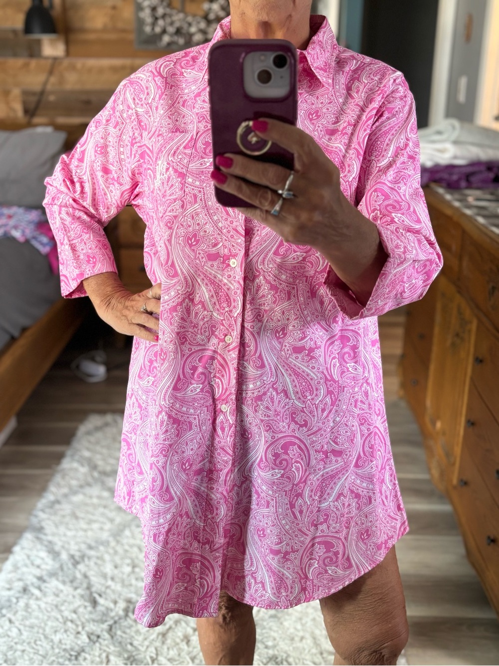 Pink Paisley Button-Up Tunic Shirt Dress/Night Shirt/Cover Up
